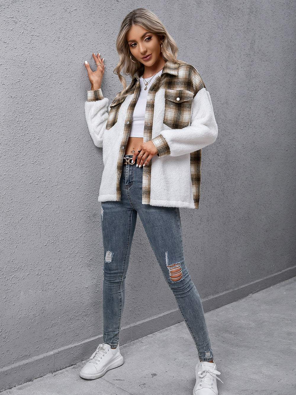 Plaid Collared Neck Button Down Jacket - Trendsi - Flyclothing LLC