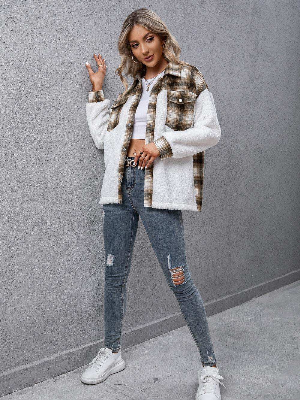 Plaid Collared Neck Button Down Jacket - Trendsi - Flyclothing LLC