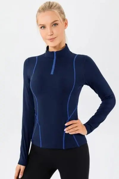 Mock Neck Quarter Zip Active T-Shirt - Trendsi - Flyclothing LLC