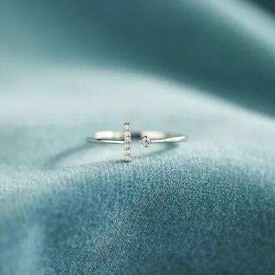 T Shape Inlaid Zircon 925 Sterling Silver Open Ring - Trendsi - Flyclothing LLC