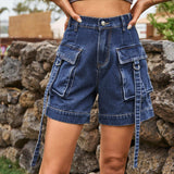 High Waist Denim Cargo Shorts - Trendsi - Flyclothing LLC