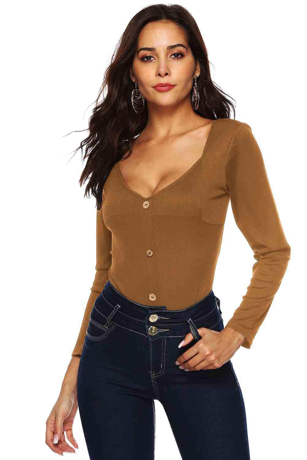 Button Detail Bodysuit - Trendsi - Flyclothing LLC