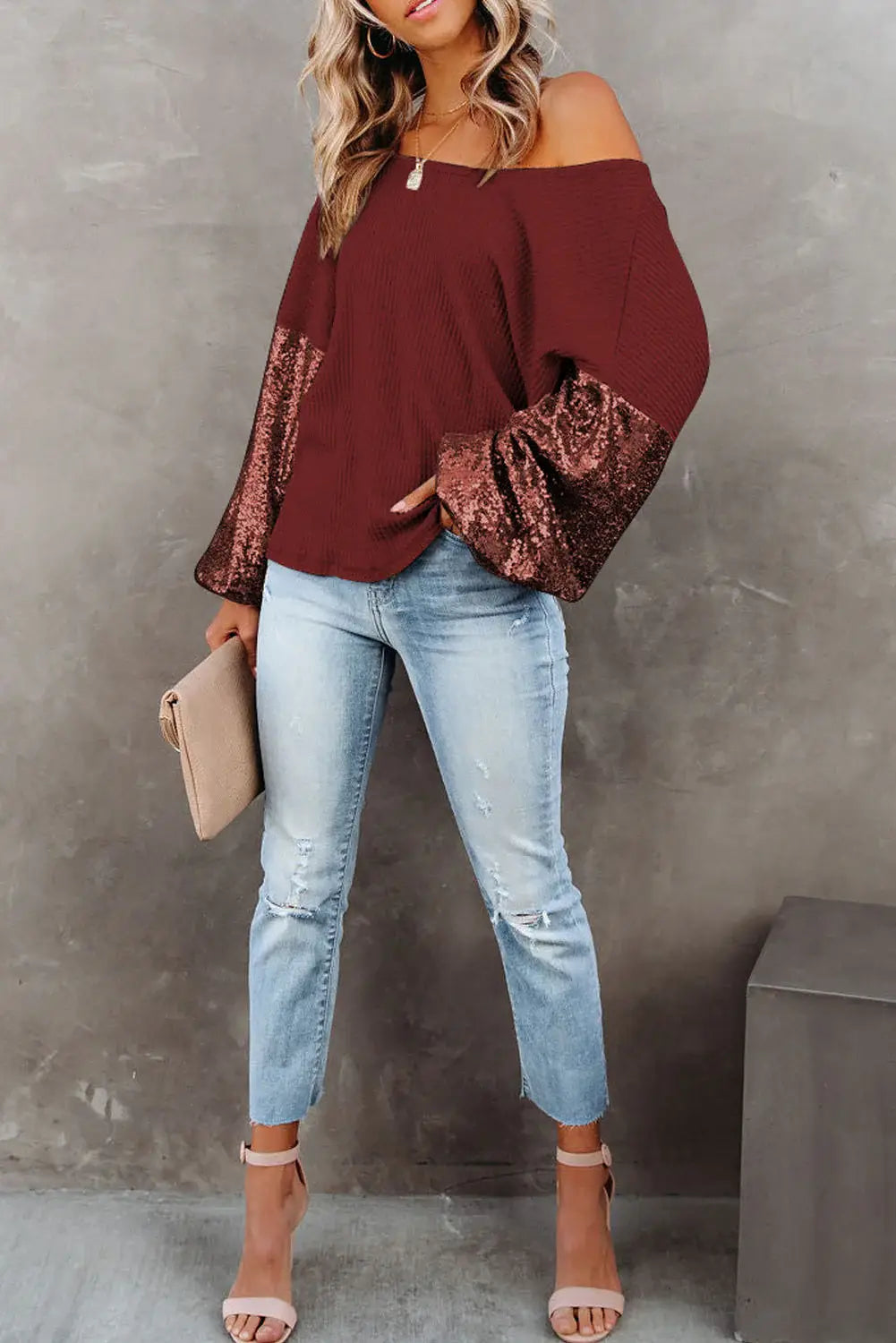 Sequin Waffle-Knit Blouse - Trendsi - Flyclothing LLC