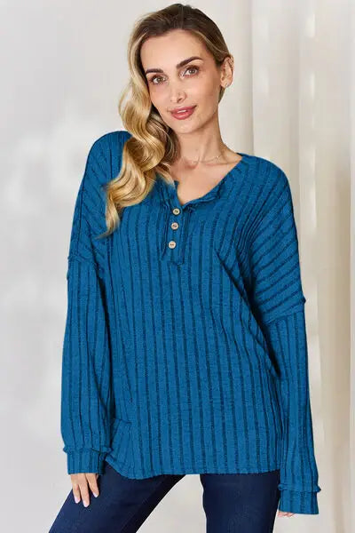 Basic Bae Full Size Ribbed Half Button Long Sleeve T-Shirt - Trendsi - Flyclothing LLC