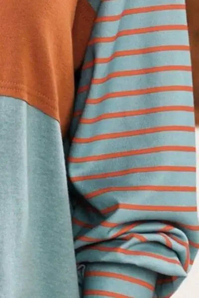 Round Neck Striped Long Sleeve Slit T-Shirt - Trendsi - Flyclothing LLC