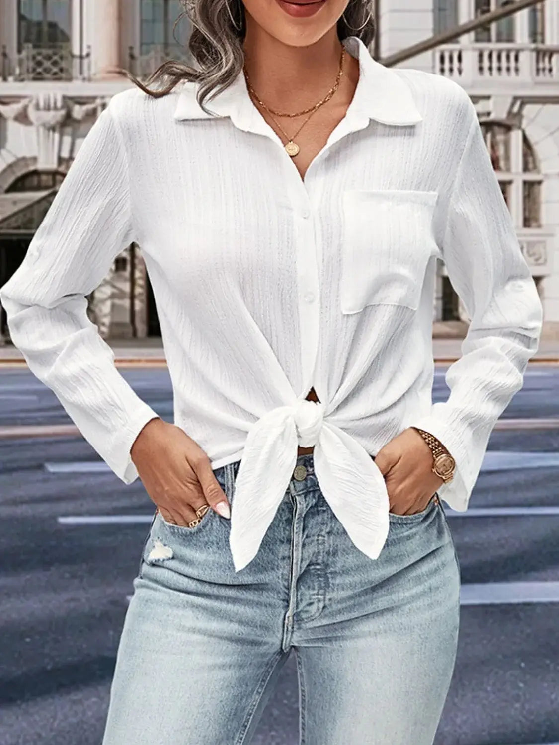 Collared Neck Half Sleeve Twisted Shirt - Trendsi - Flyclothing LLC