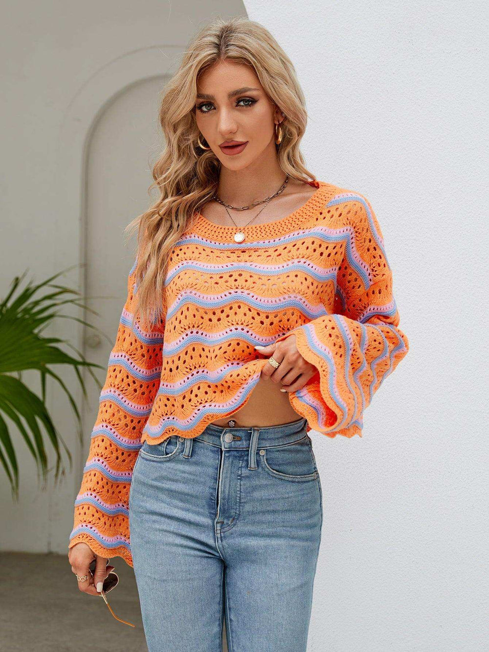 Round Neck Openwork Flare Sleeve Knit Top - Trendsi - Flyclothing LLC