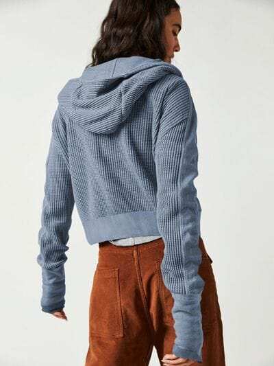 Waffle-Knit Dropped Shoulder Hooded Jacket - Trendsi - Flyclothing LLC