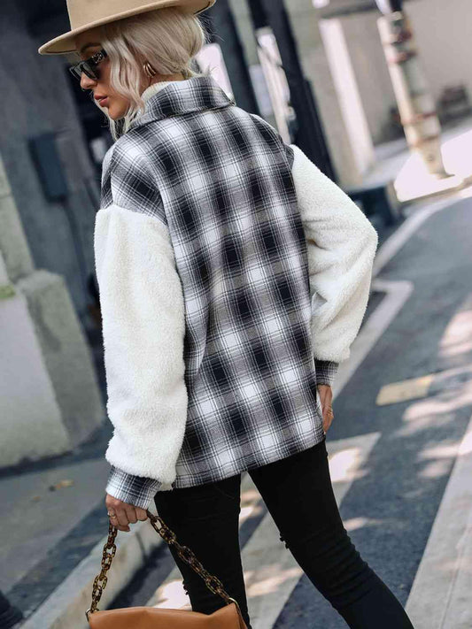 Plaid Collared Neck Button Down Jacket - Trendsi