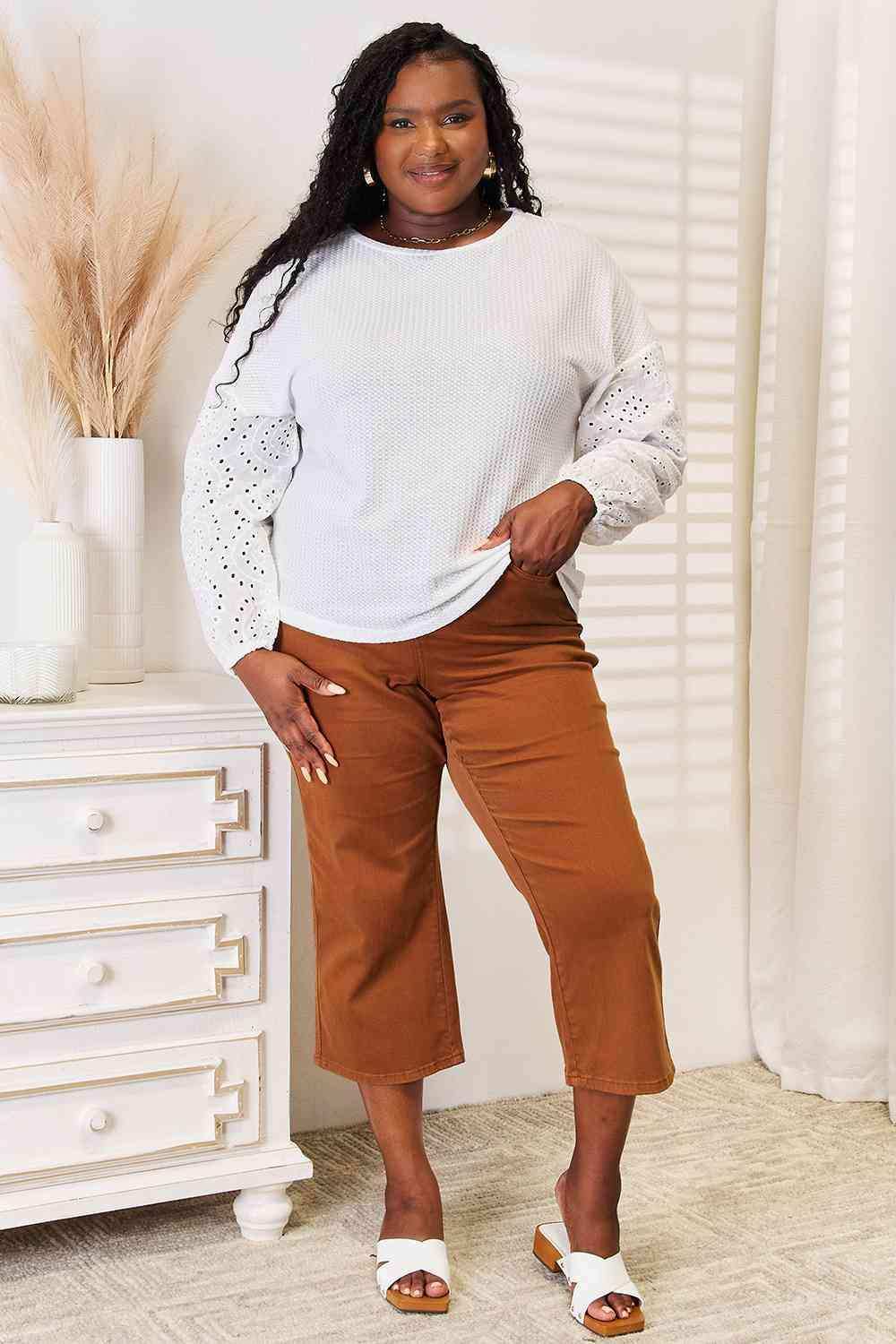 Double Take Eyelet Dropped Shoulder Round Neck Blouse - Trendsi - Flyclothing LLC