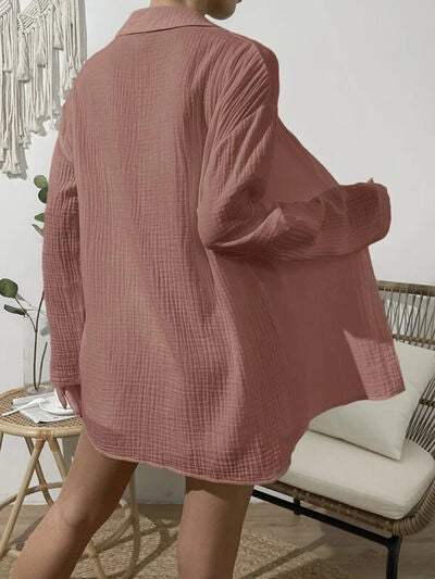 Dropped Shoulder Button Up Top and Elastic Waist Shorts Set - Trendsi - Flyclothing LLC
