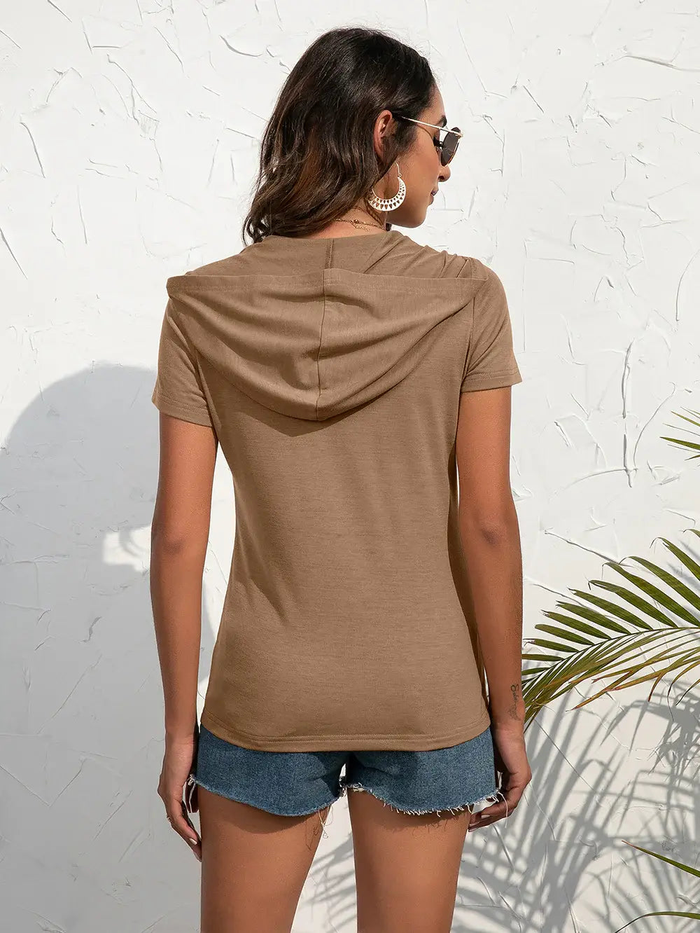 Half-Zip Short Sleeve Hooded Top - Trendsi - Flyclothing LLC