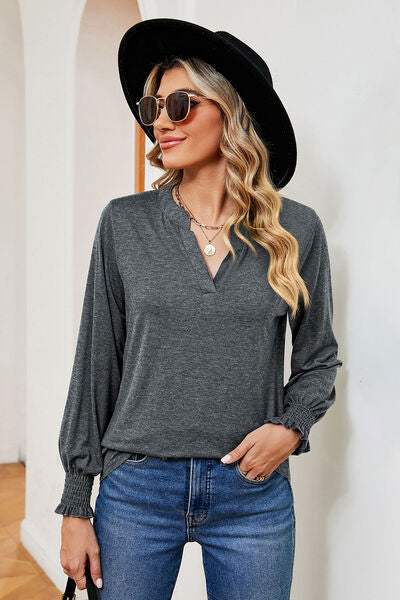 Notched Lantern Sleeve T-Shirt - Trendsi - Flyclothing LLC