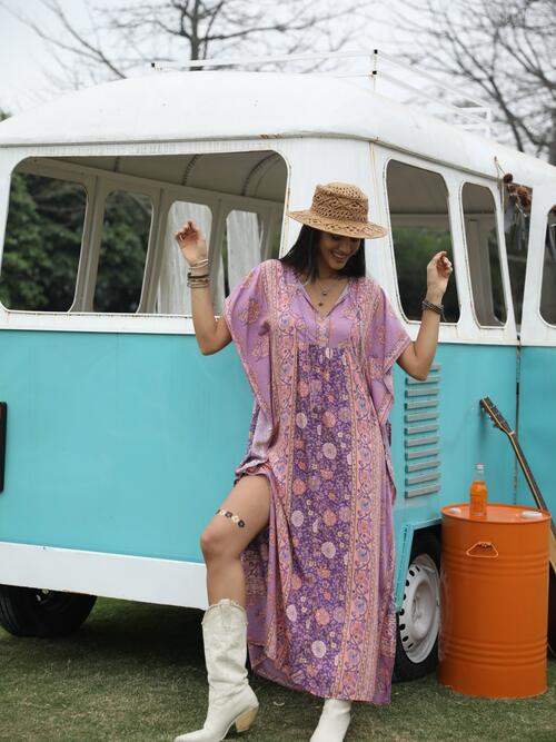 Printed Tie Neck Short Sleeve Dress - Trendsi - Flyclothing LLC