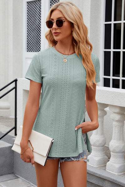 Eyelet Slit Round Neck Short Sleeve T-Shirt - Trendsi - Flyclothing LLC