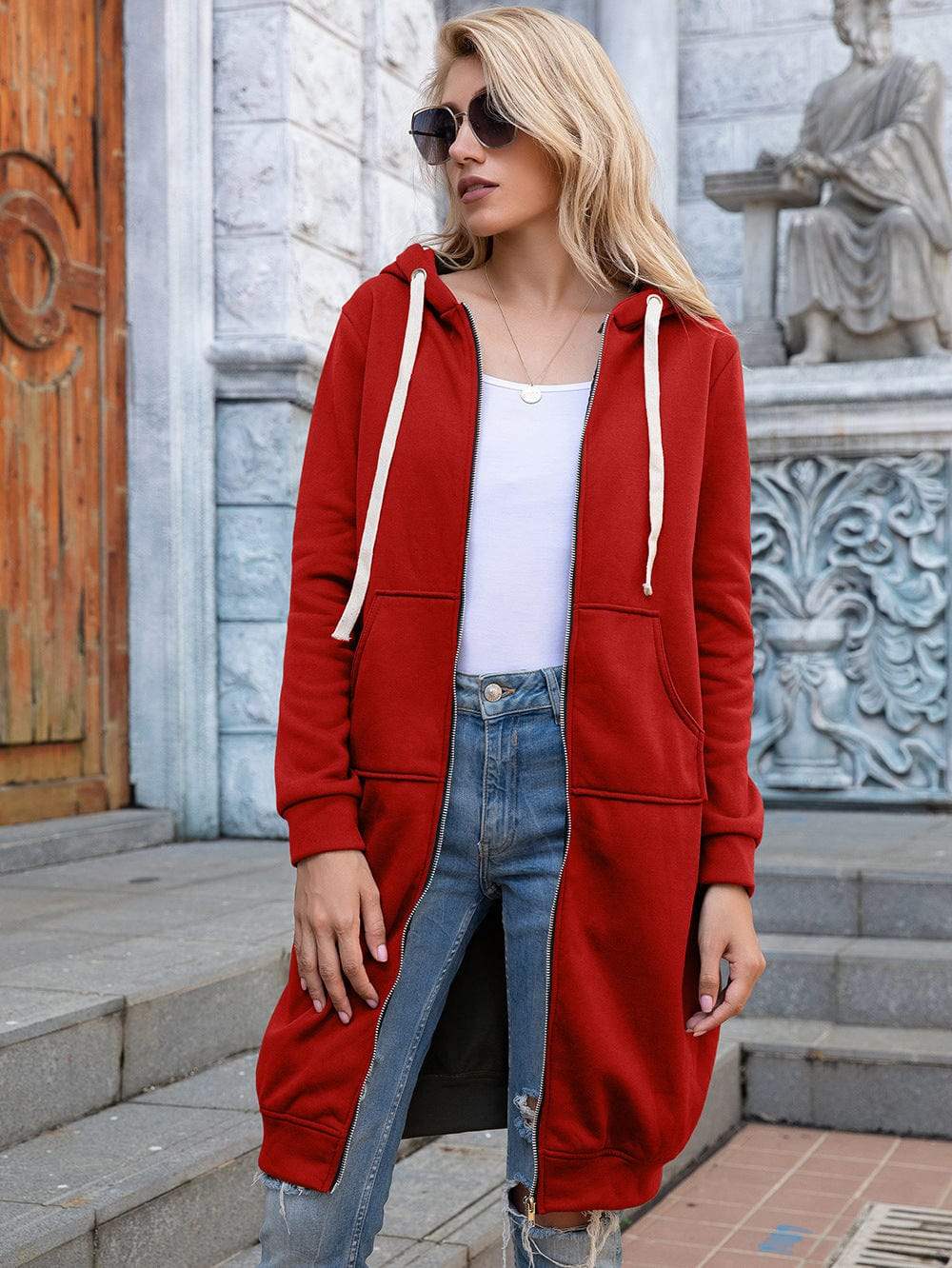 Full Size Zip-Up Longline Hoodie with Pockets - Trendsi - Flyclothing LLC