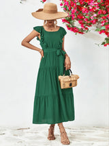 Tie Belt Ruffled Tiered Dress - Trendsi - Flyclothing LLC
