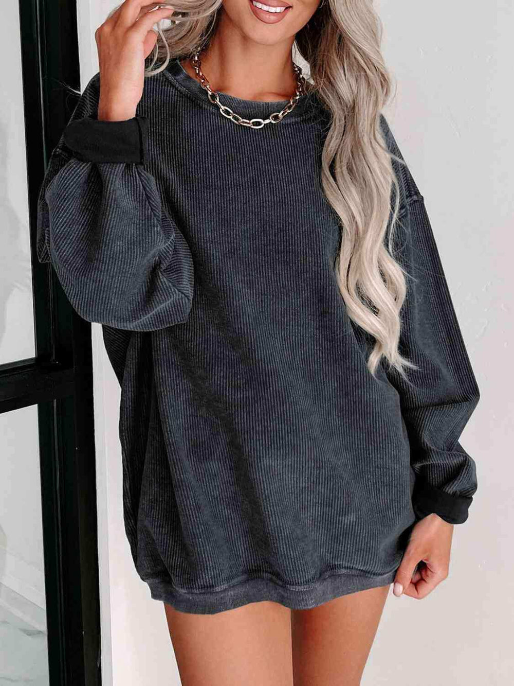 Round Neck Dropped Shoulder Sweatshirt - Trendsi - Flyclothing LLC