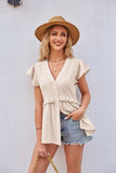 Buttoned V-Neck Ruffle Trim Top - Trendsi - Flyclothing LLC