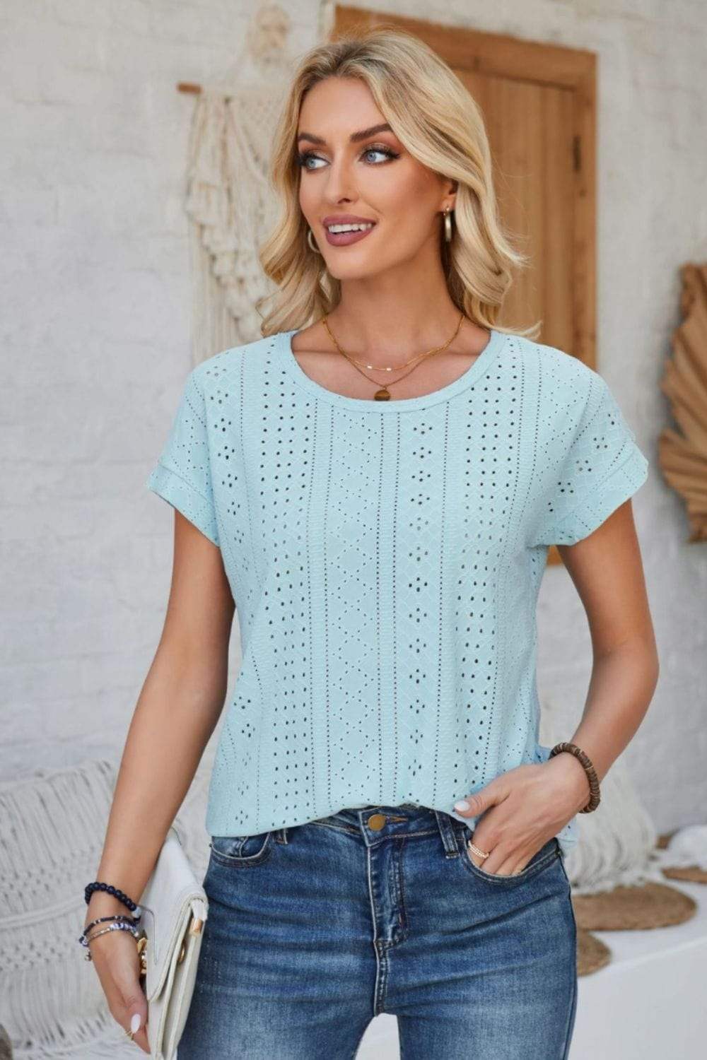 Eyelet Round Neck Rolled Short Sleeve T-Shirt - Trendsi - Flyclothing LLC