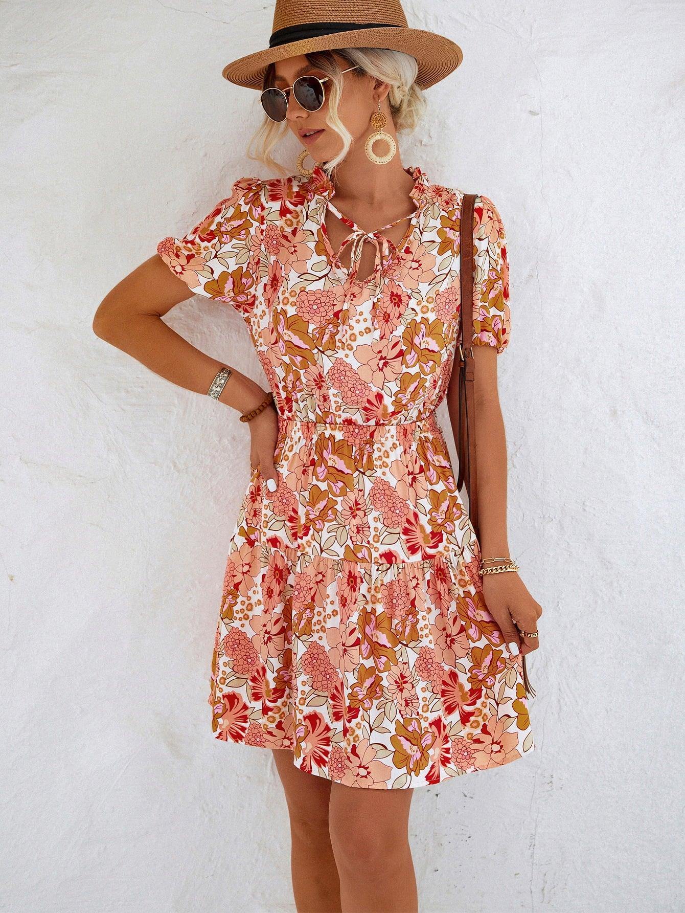 Floral Tie Neck Puff Sleeve Tiered Dress - Flyclothing LLC