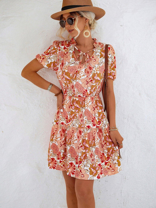 Floral Tie Neck Puff Sleeve Tiered Dress - Trendsi
