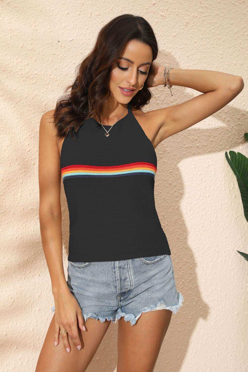 Rainbow Stripe Halter Neck Knit Tank - Trendsi - Flyclothing LLC