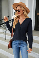 Cable-Knit Long Sleeve V-Neck T-Shirt - Trendsi