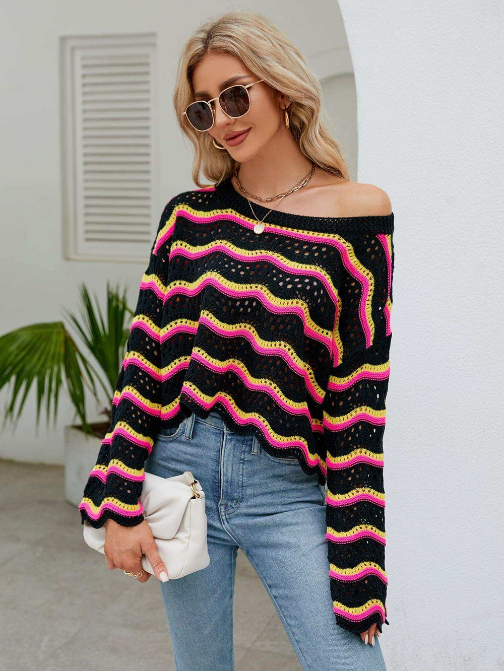 Round Neck Openwork Flare Sleeve Knit Top - Trendsi - Flyclothing LLC