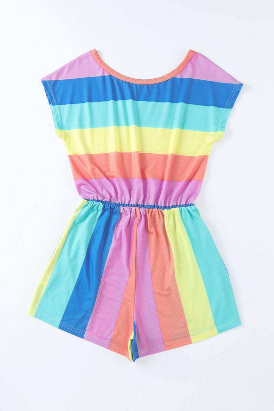 Multicolored Stripe Round Neck Romper - Trendsi - Flyclothing LLC