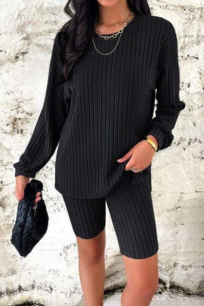 Ribbed Round Neck Dropped Shoulder Top and Shorts Set - Trendsi - Flyclothing LLC