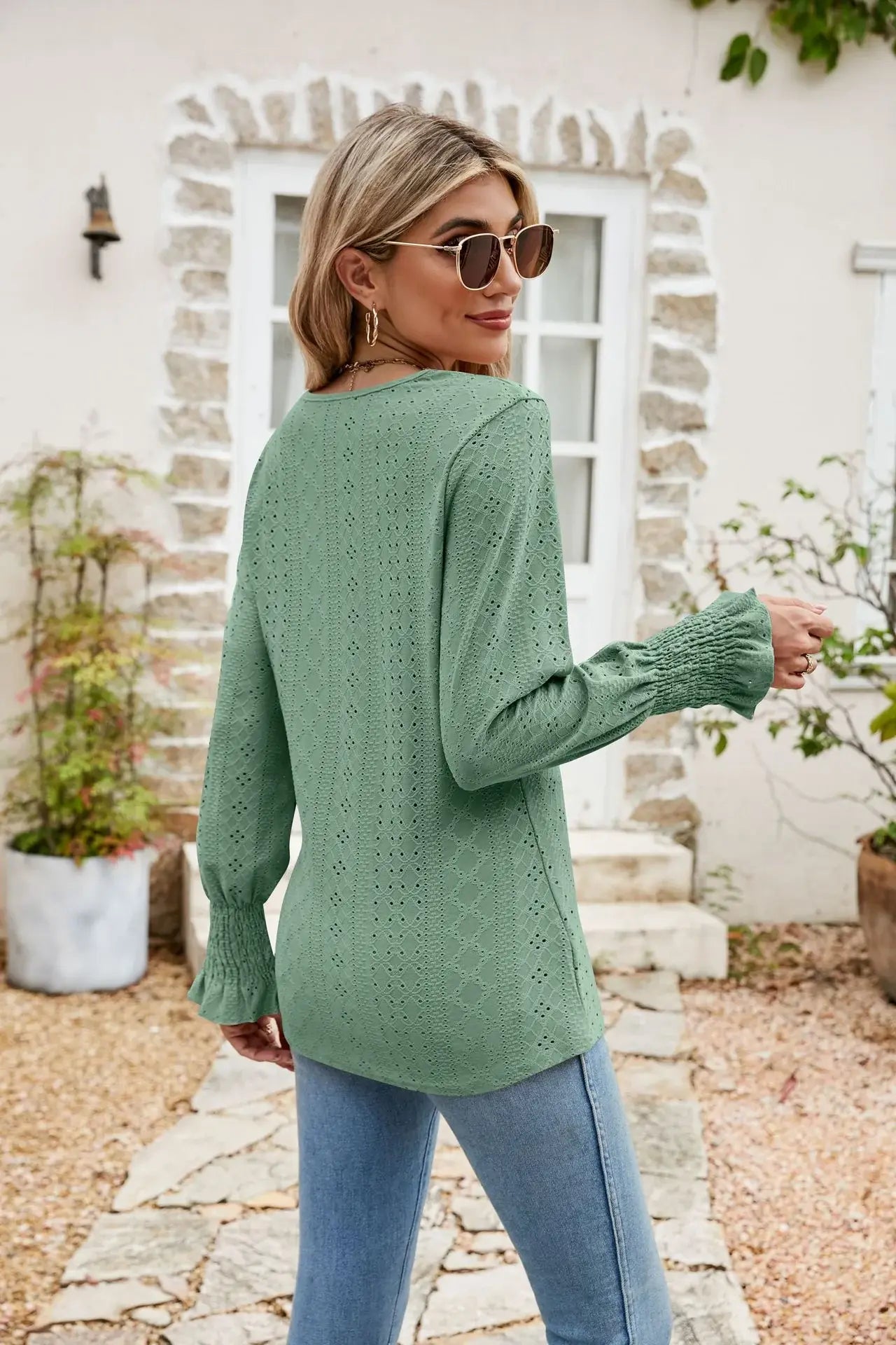 Eyelet V-Neck Smocked Flounce Sleeve Blouse - Trendsi - Flyclothing LLC