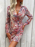 Tied Printed Long Sleeve Mini Dress - Flyclothing LLC