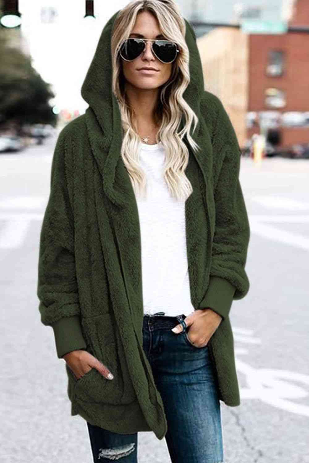 Teddy Hooded Jacket with Pockets - Trendsi - Flyclothing LLC
