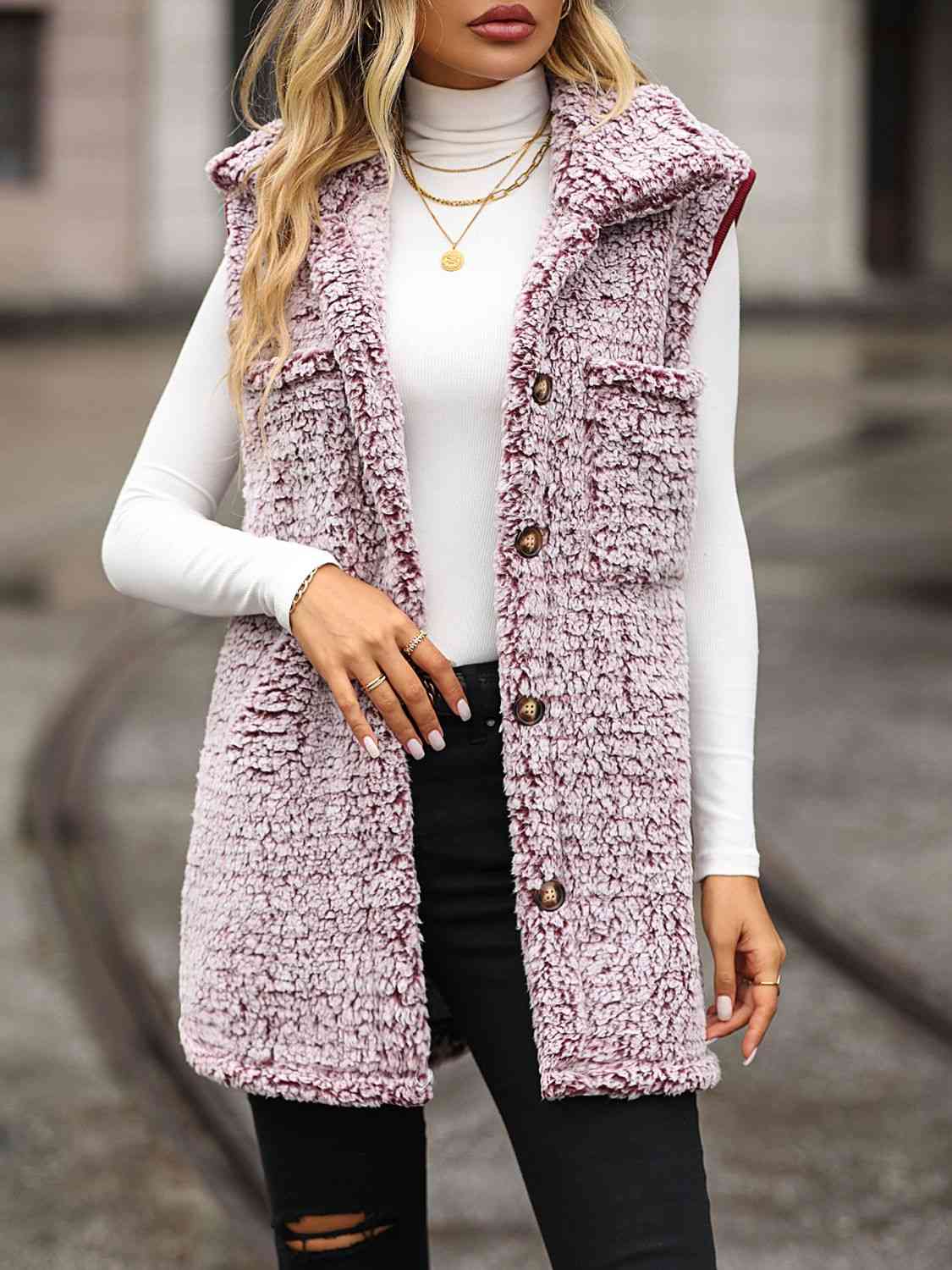 Full Size Button Down Collared Neck Vest - Trendsi - Flyclothing LLC