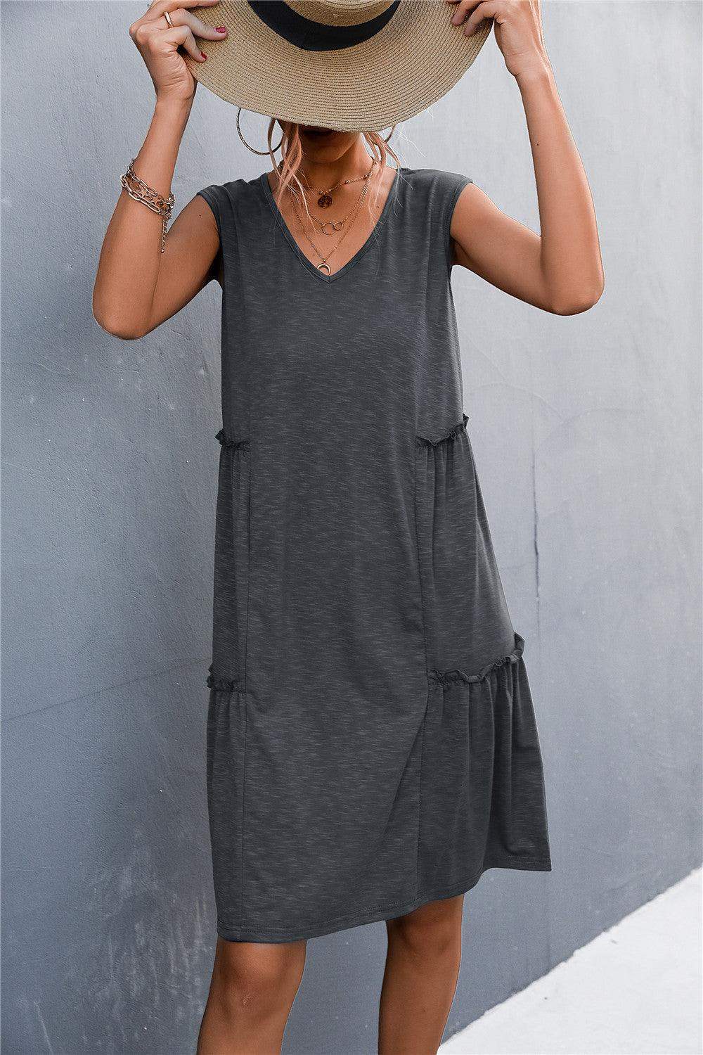 V-Neck Frill Trim Sleeveless Dress - Trendsi - Flyclothing LLC