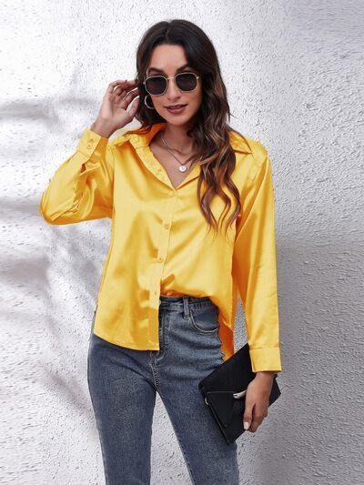 Button Up Collared Neck Long Sleeve Shirt - Trendsi