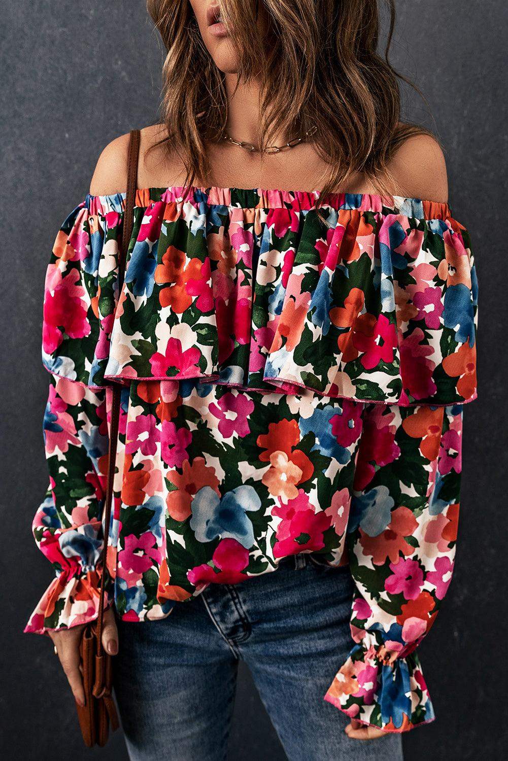 Floral Off-Shoulder Flounce Sleeve Layered Blouse - Trendsi - Flyclothing LLC