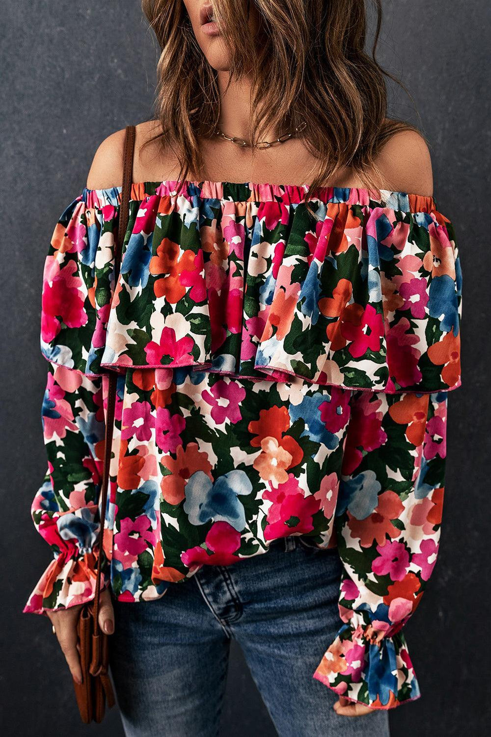 Floral Off-Shoulder Flounce Sleeve Layered Blouse - Trendsi