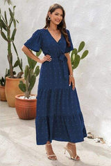 Swiss Dot Tied Surplice Short Sleeve Dress - Trendsi - Flyclothing LLC