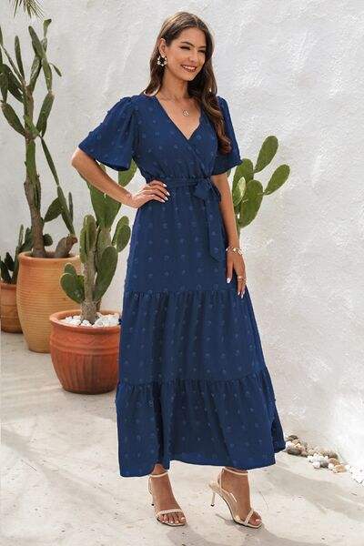 Swiss Dot Tied Surplice Short Sleeve Dress - Trendsi - Flyclothing LLC