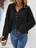 Half Button Collared Neck Long Sleeve Top - Trendsi - Flyclothing LLC