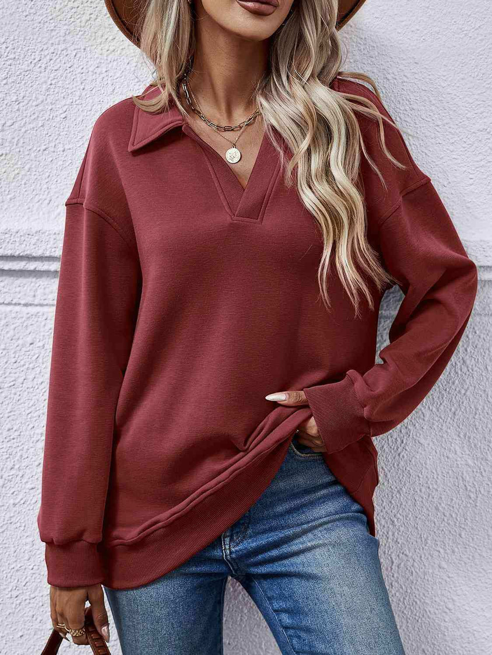 Collared Neck Dropped Shoulder Sweatshirt - Trendsi - Flyclothing LLC