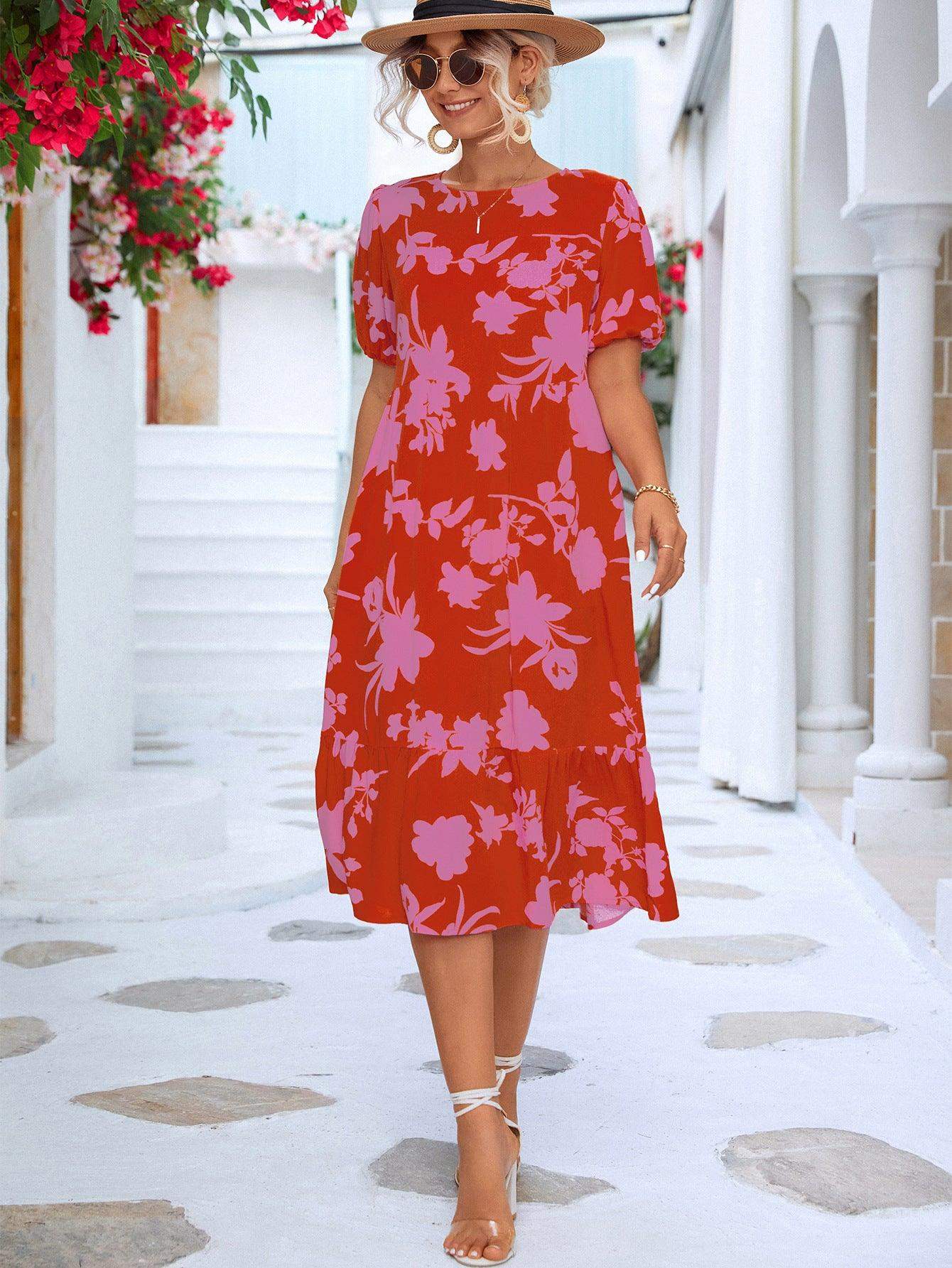 Floral Puff Sleeve Ruffle Hem Midi Dress - Trendsi - Flyclothing LLC
