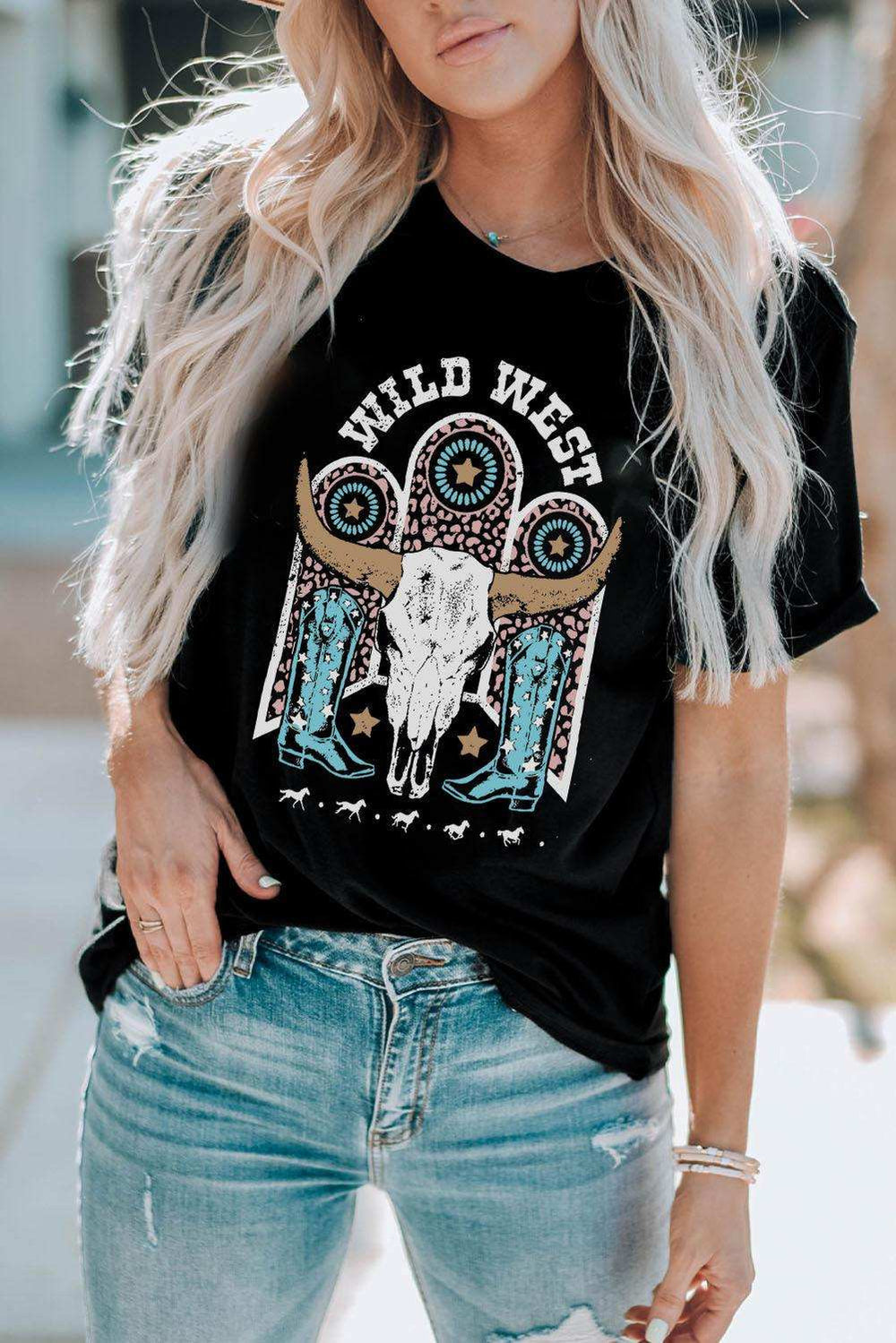 WILD WEST Graphic Short Sleeve Tee Shirt - Trendsi - Flyclothing LLC