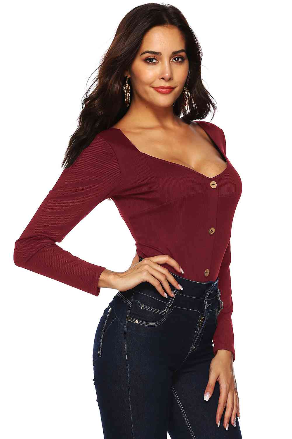 Button Detail Bodysuit - Trendsi - Flyclothing LLC