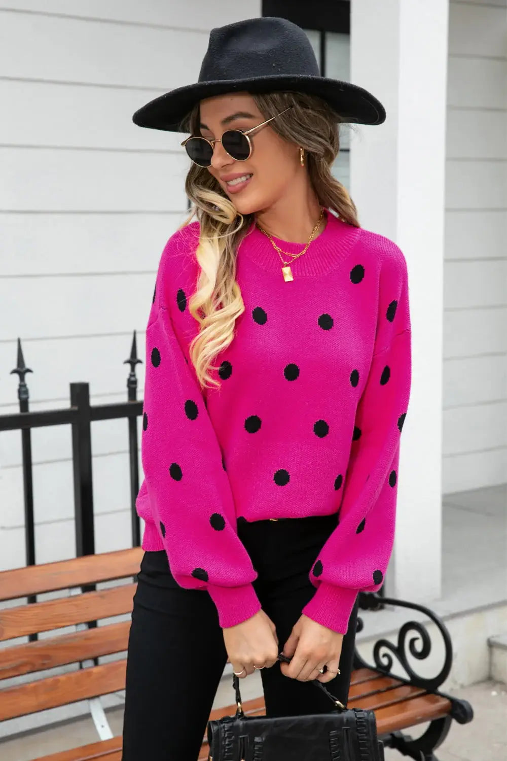 Polka Dot Round Neck Dropped Shoulder Sweater - Trendsi - Flyclothing LLC