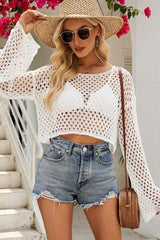 Openwork Round Neck Dropped Shoulder Knit Top - Trendsi - Flyclothing LLC