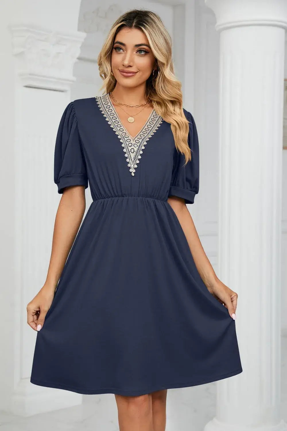 Contrast V-Neck Puff Sleeve Pocket Dress - Trendsi - Flyclothing LLC