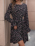 Floral Tie Front Long Sleeve Dress - Trendsi